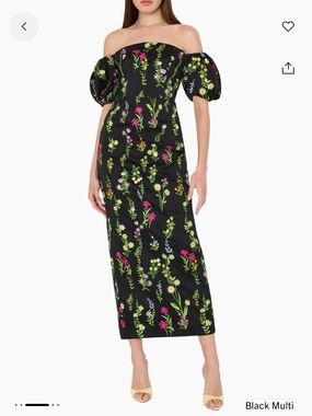 Milly Black Off-Shoulder Floral Puff-Sleeve Midi Dress